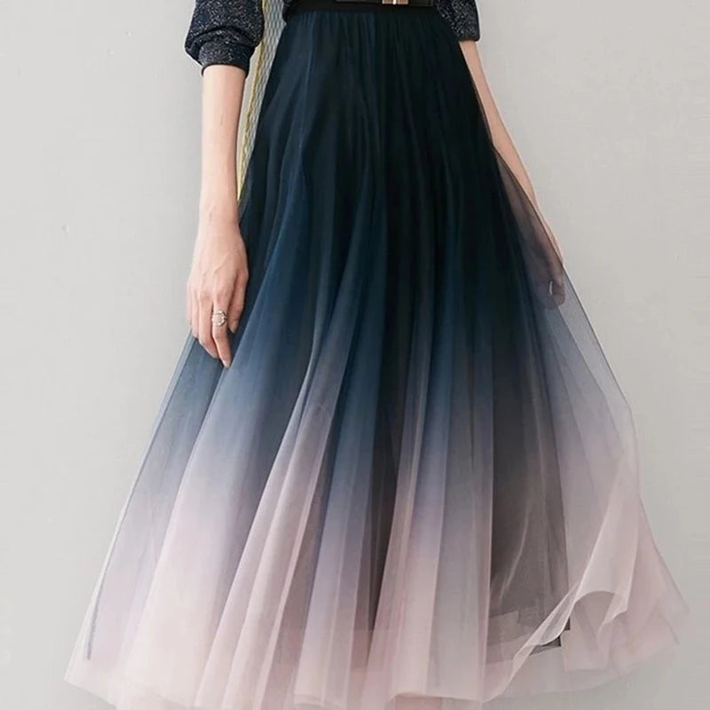 High Waist Gradient Mesh Pleated Midi Skirts