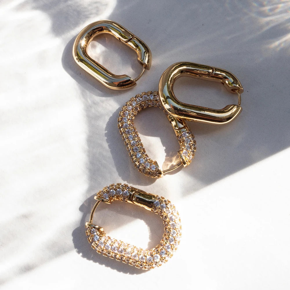 Zircon Round Buckle Hoop Earrings Gold Plated Stainless Steel