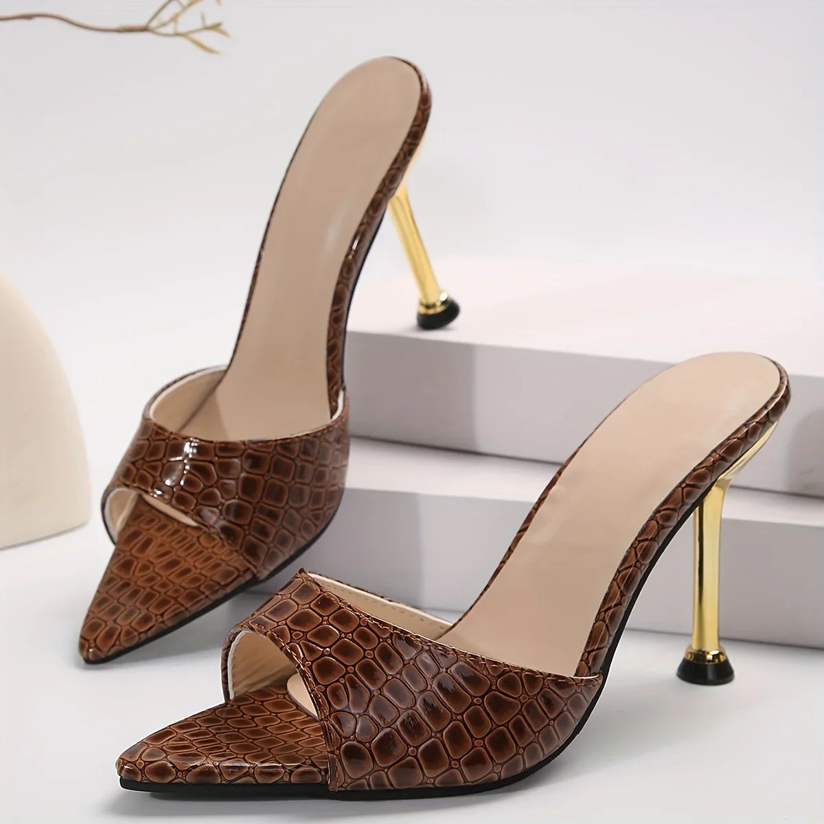 Crocodile Texture High Heels with Pointy Peep Toe
