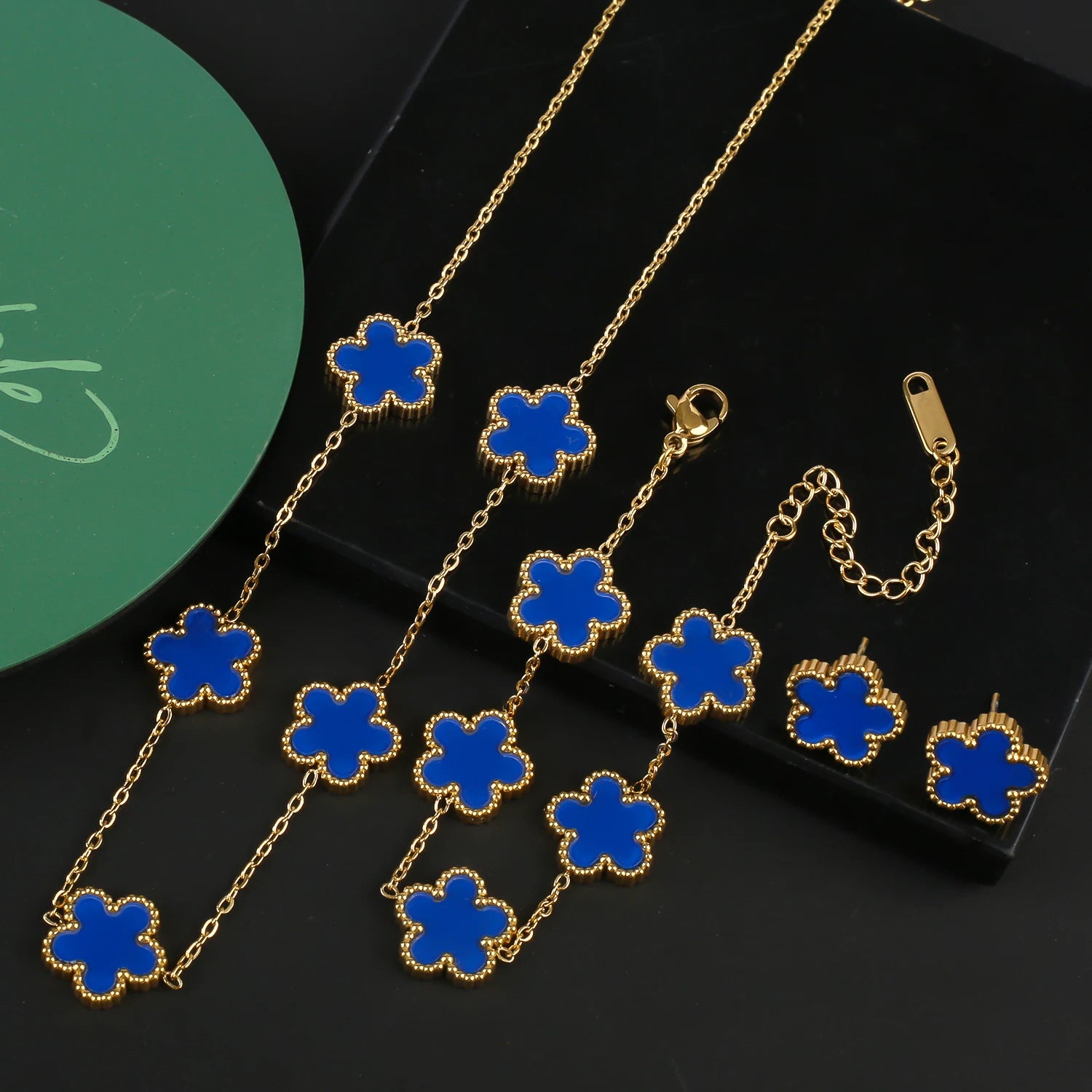 Stainless Steel Five Leaf Flower Clover Bracelet Necklace Earrings