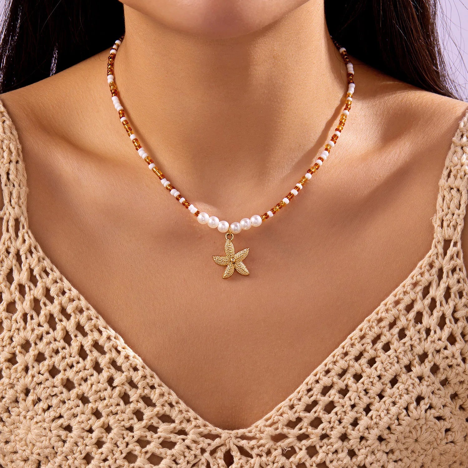 Rice Beads Starfish Pendant Necklace