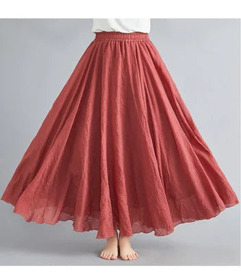Cotton Linen Dress Elastic Waist A-line Long Skirts
