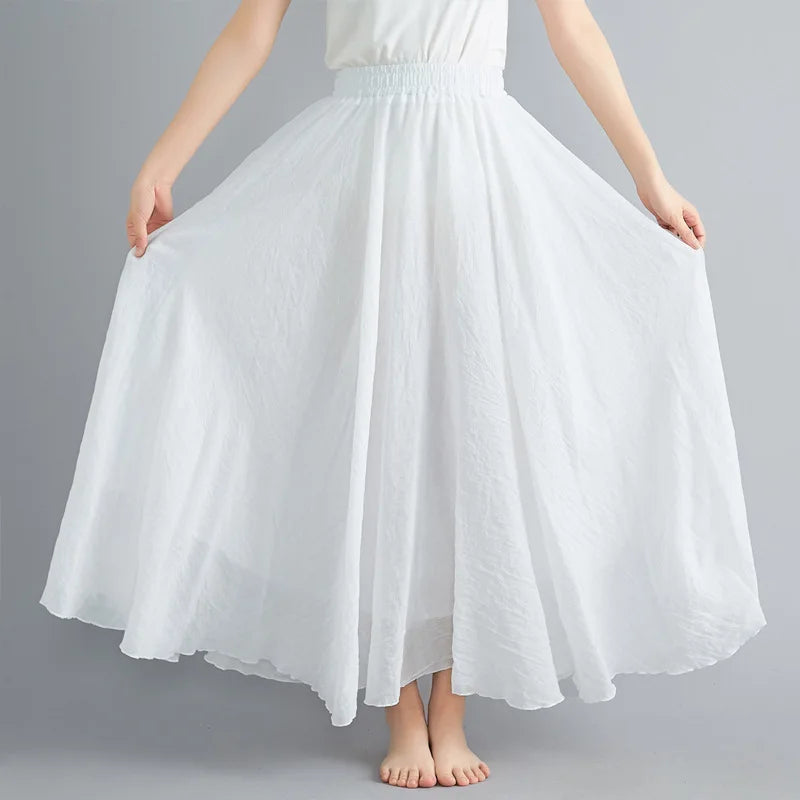 Cotton Linen Dress Elastic Waist A-line Long Skirts