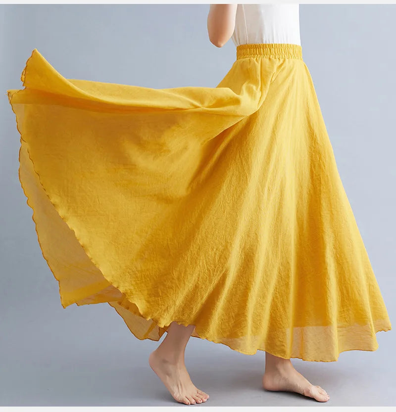 Cotton Linen Dress Elastic Waist A-line Long Skirts