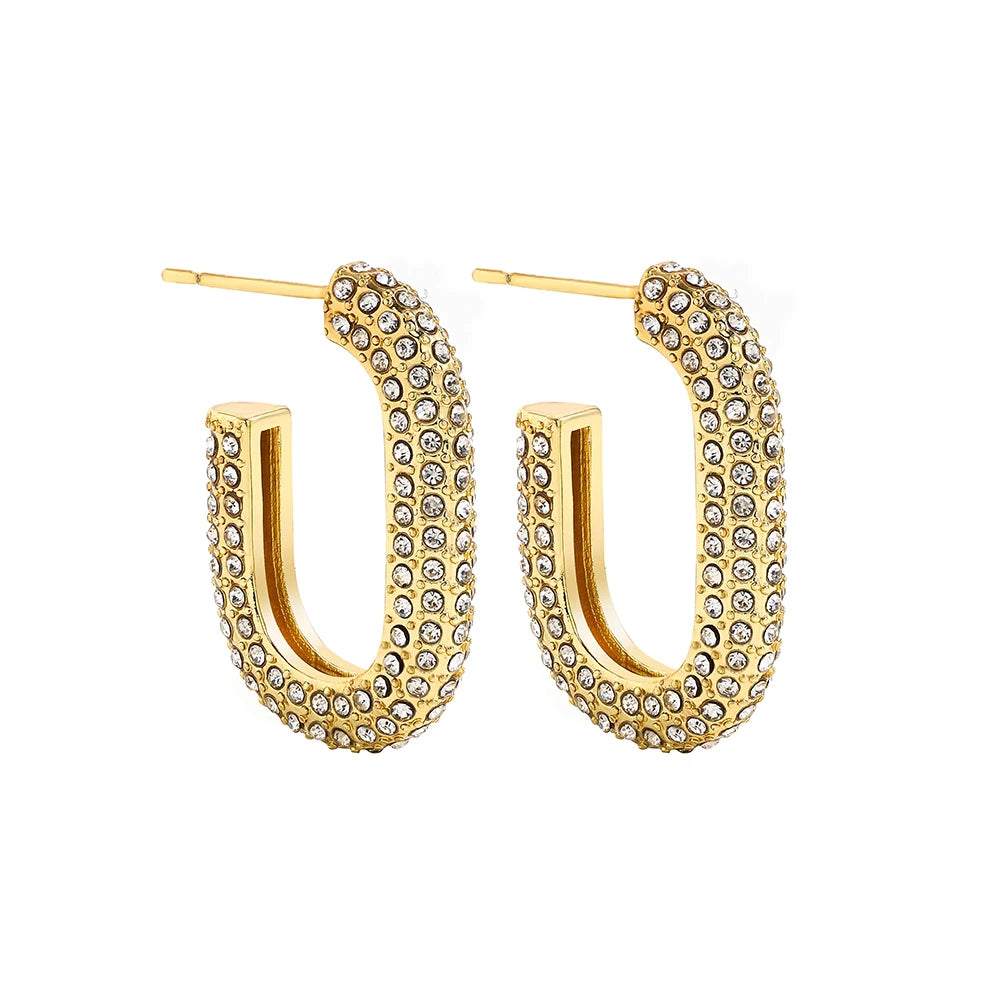 Zircon Round Buckle Hoop Earrings Gold Plated Stainless Steel