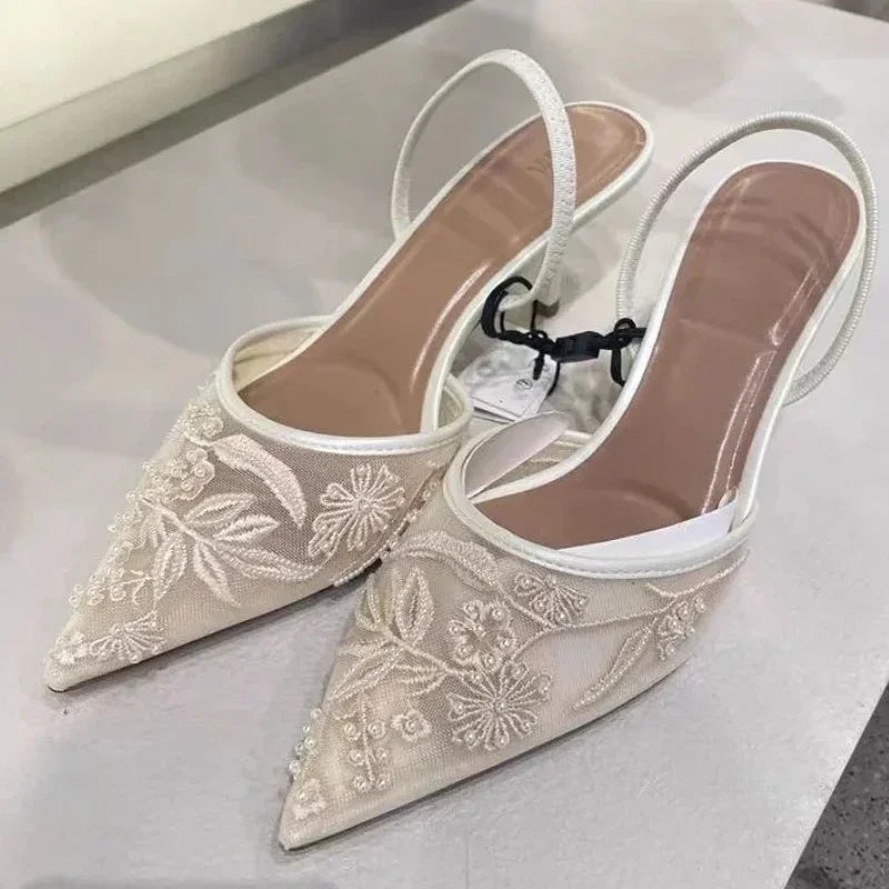 Embroidered String Bead Slingback Heels
