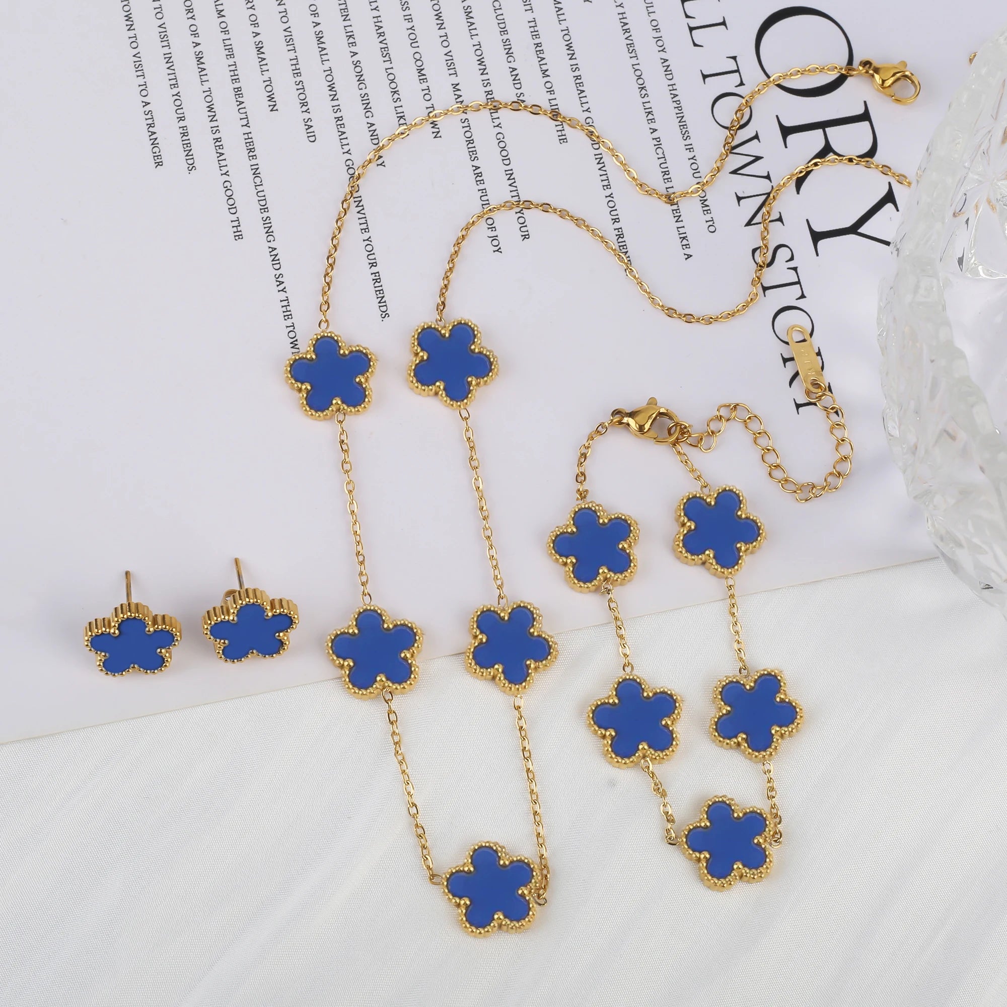 18k Gold-Plated Five-Leaf Flower Necklace Earrings Bracelet