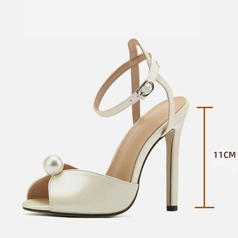 Silk Peep Toe Pearl with Ankle Strap thin Heels