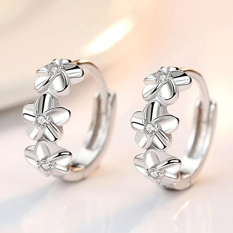Sterling Silver Crystal Zircon Flower Cute Earrings