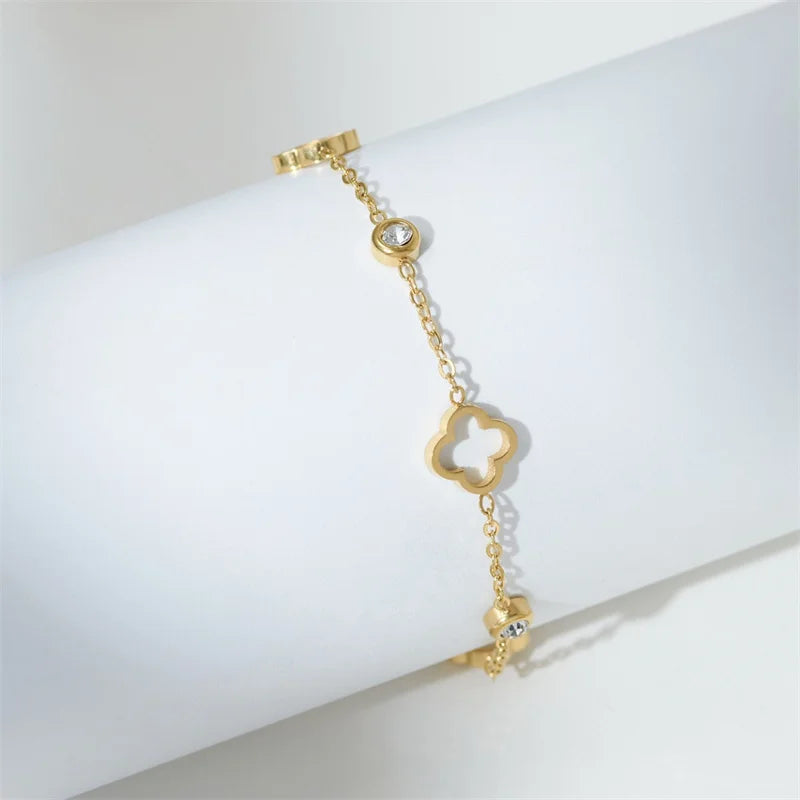 2 Pieces Stainless Steel Clover Crystal Bracelet Set