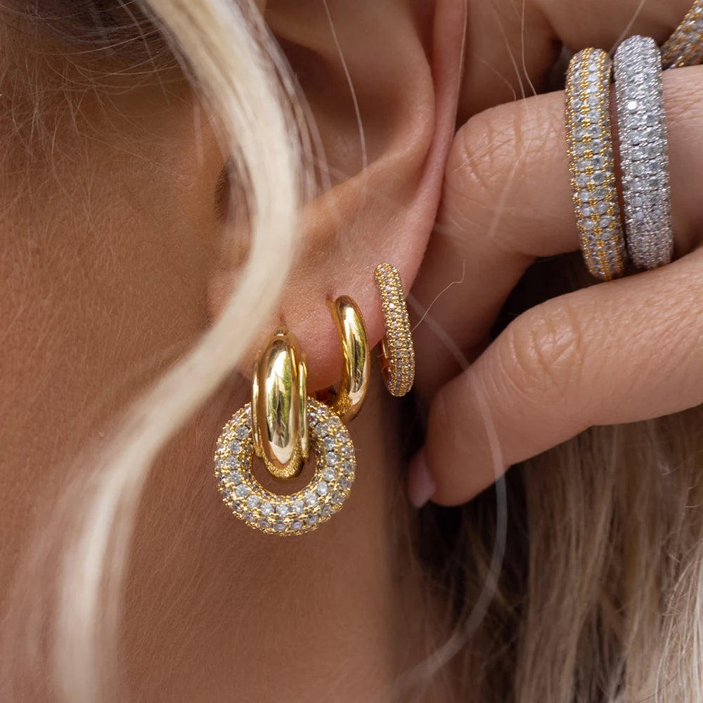 Zircon Round Buckle Hoop Earrings Gold Plated Stainless Steel