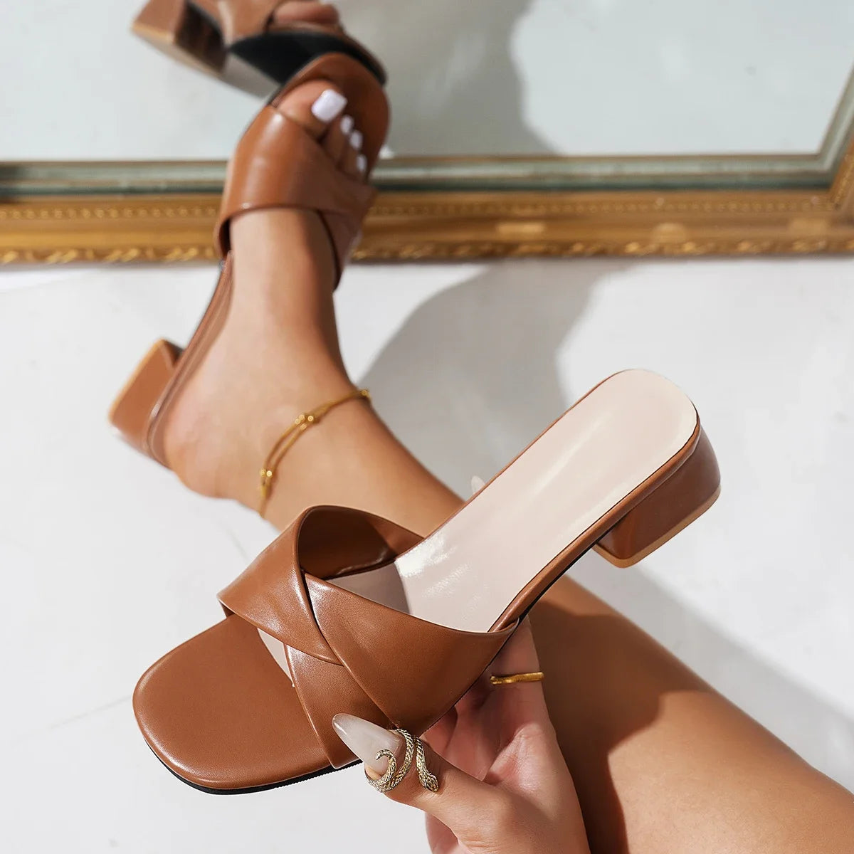 Open Toe Leather Surface Square Heels