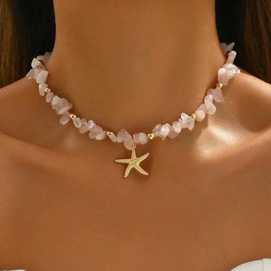Rice Beads Starfish Pendant Necklace