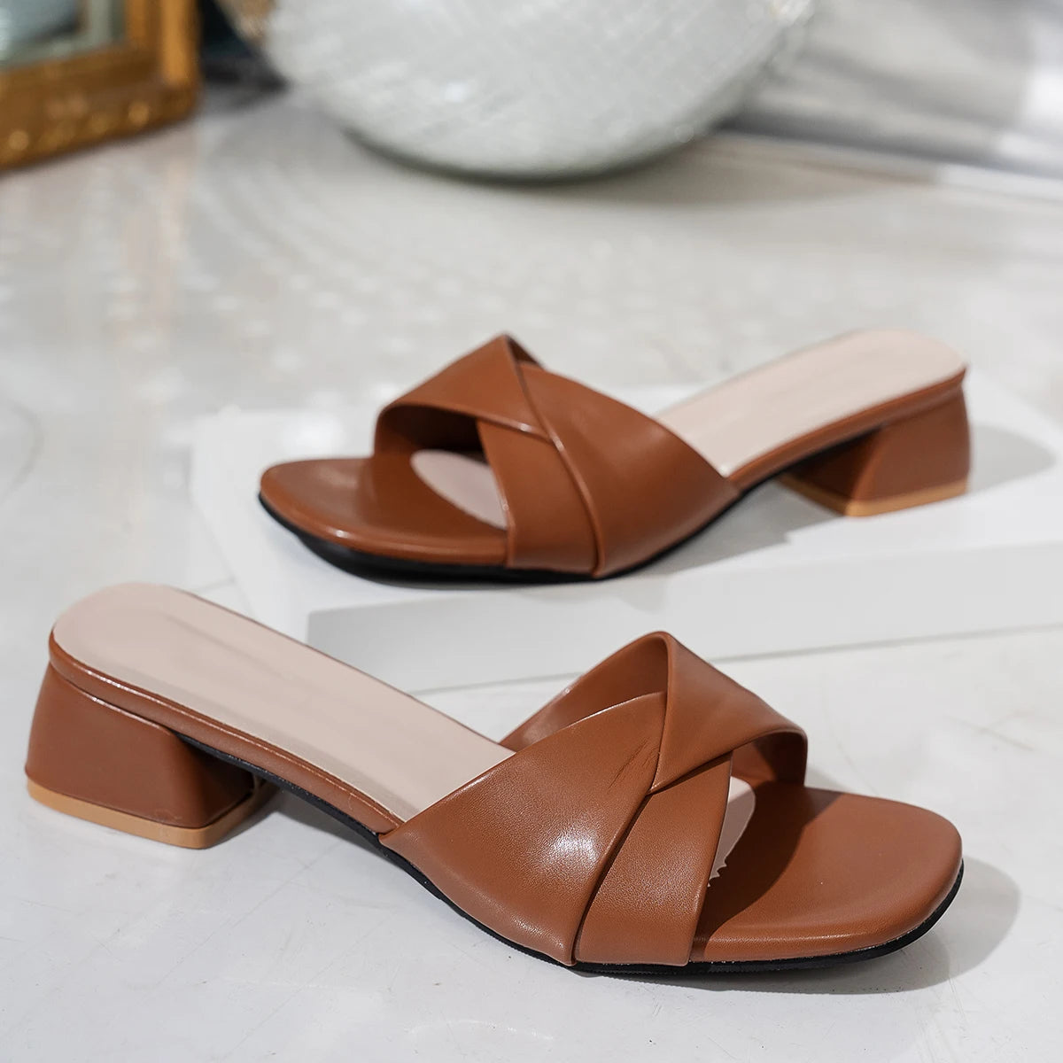 Open Toe Leather Surface Square Heels