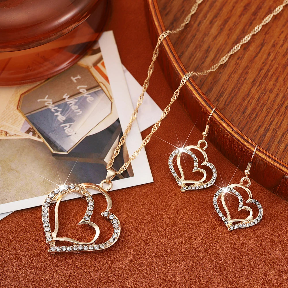 3 PCS Hollow Double Heart Rhinestone Pendant Necklace And Earring Jewelry Set