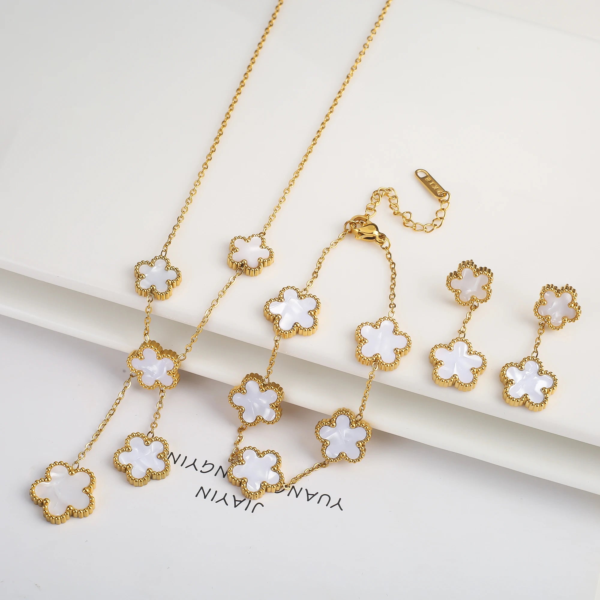 18k Gold-Plated Five-Leaf Flower Necklace Earrings Bracelet